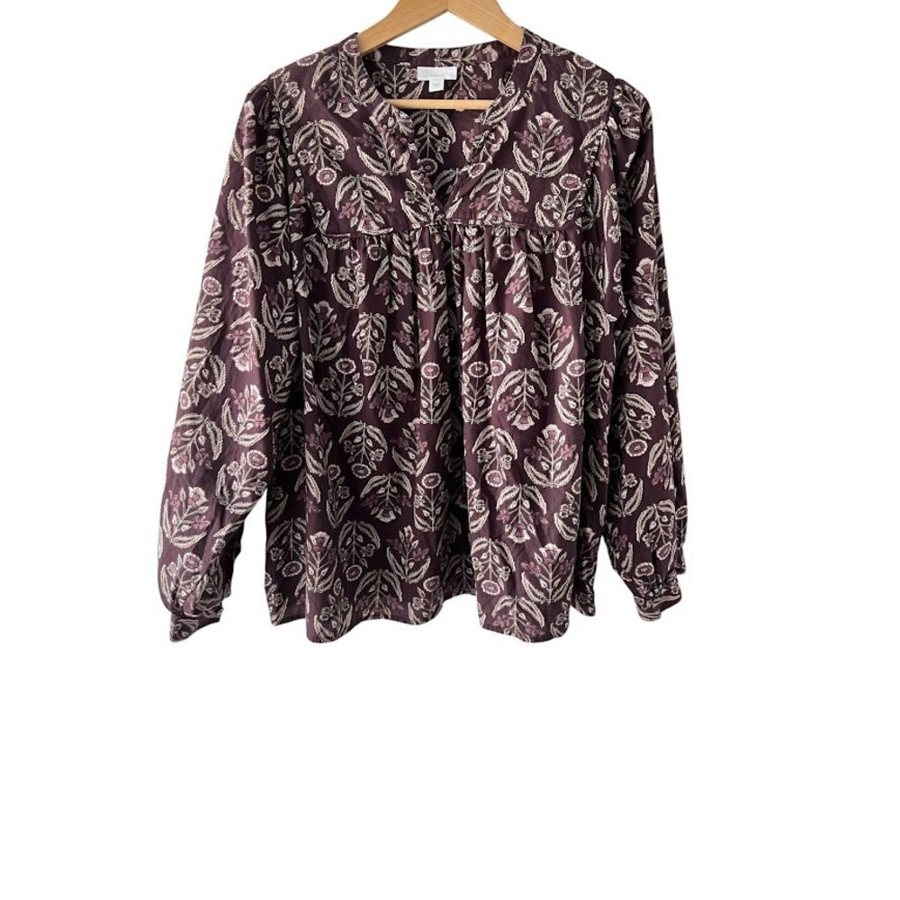 Pure Jill J. Jill Womens Large Plum Floral Woodblock Print V-Neck Blouse Top L